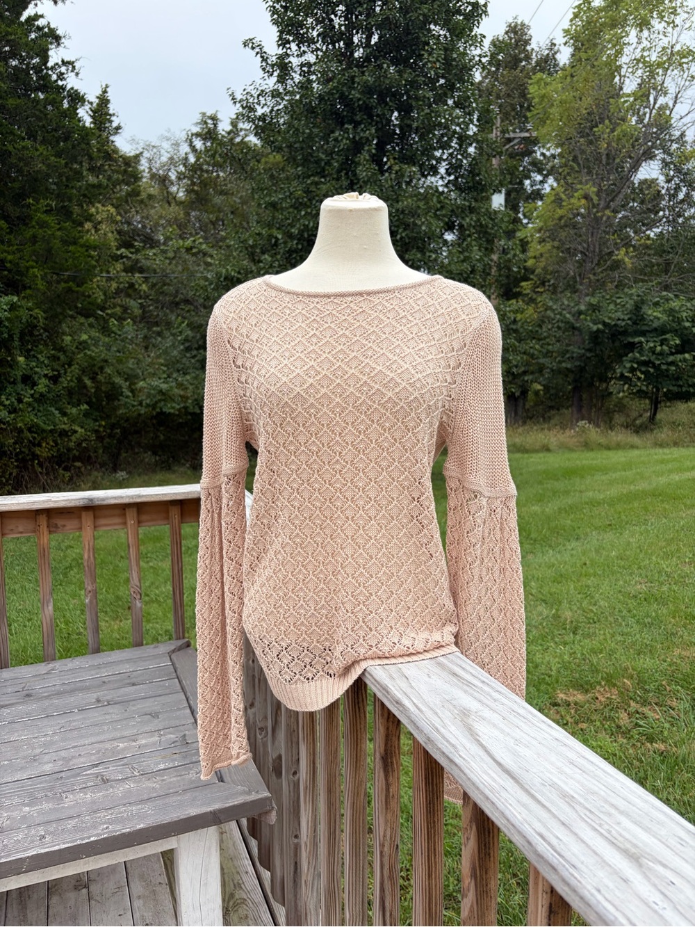 Sundance Top Womens XS Beige Tan Linen Crochet Knit Bell Sleeve Boho Casual NWT